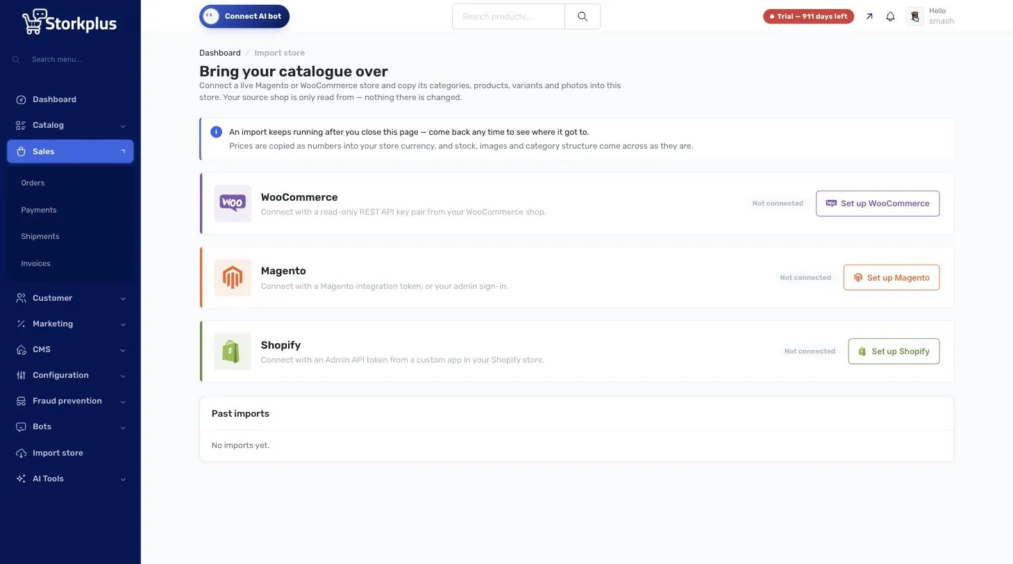 The Import store page in StorkPlus