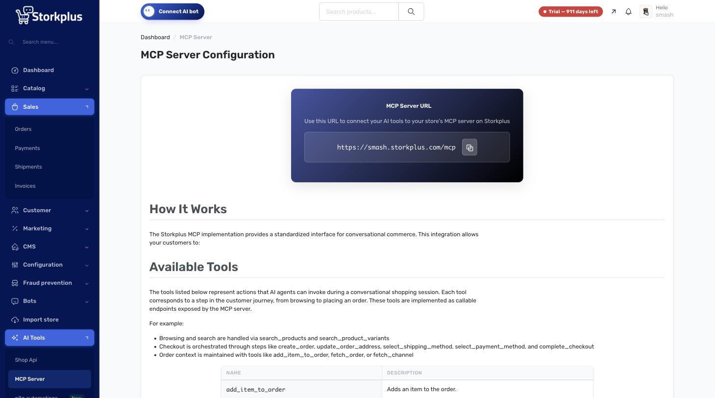 صفحة MCP Server في لوحة تحكم ستورك بلس