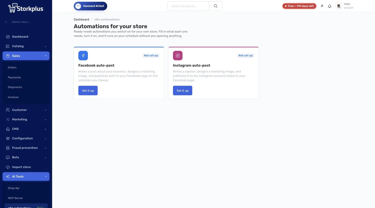 n8n automations page in the StorkPlus dashboard